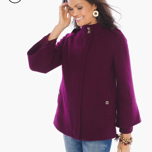 Chico's Purple Wool Jacket Full Zip Lined Mock-Neck Styling Deep Berry size 2, L - Picture 1 of 11
